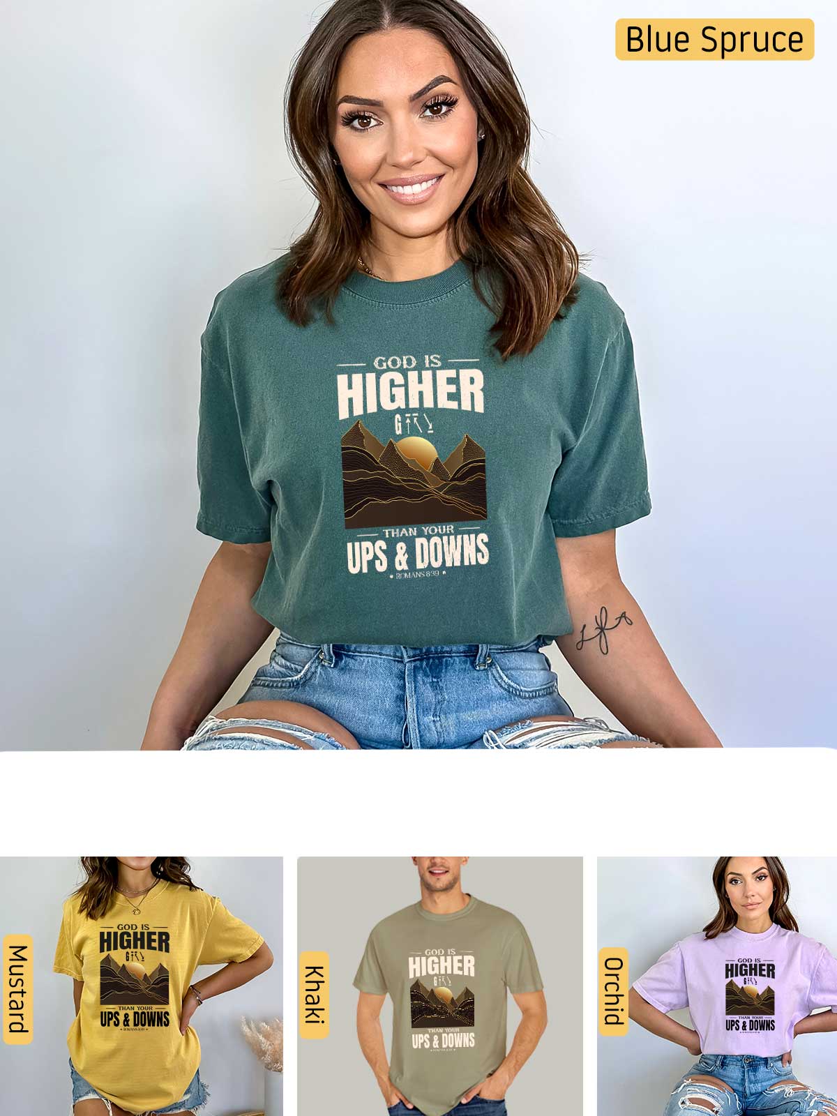 a woman wearing a t - shirt that says higher ups and downs