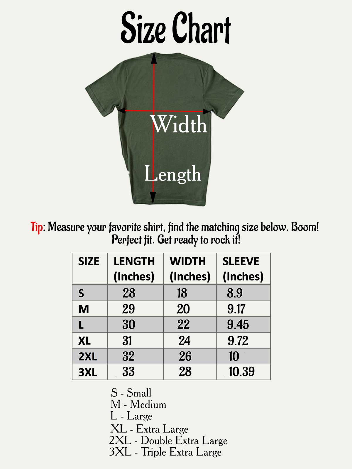 the size chart for a t - shirt with measurements