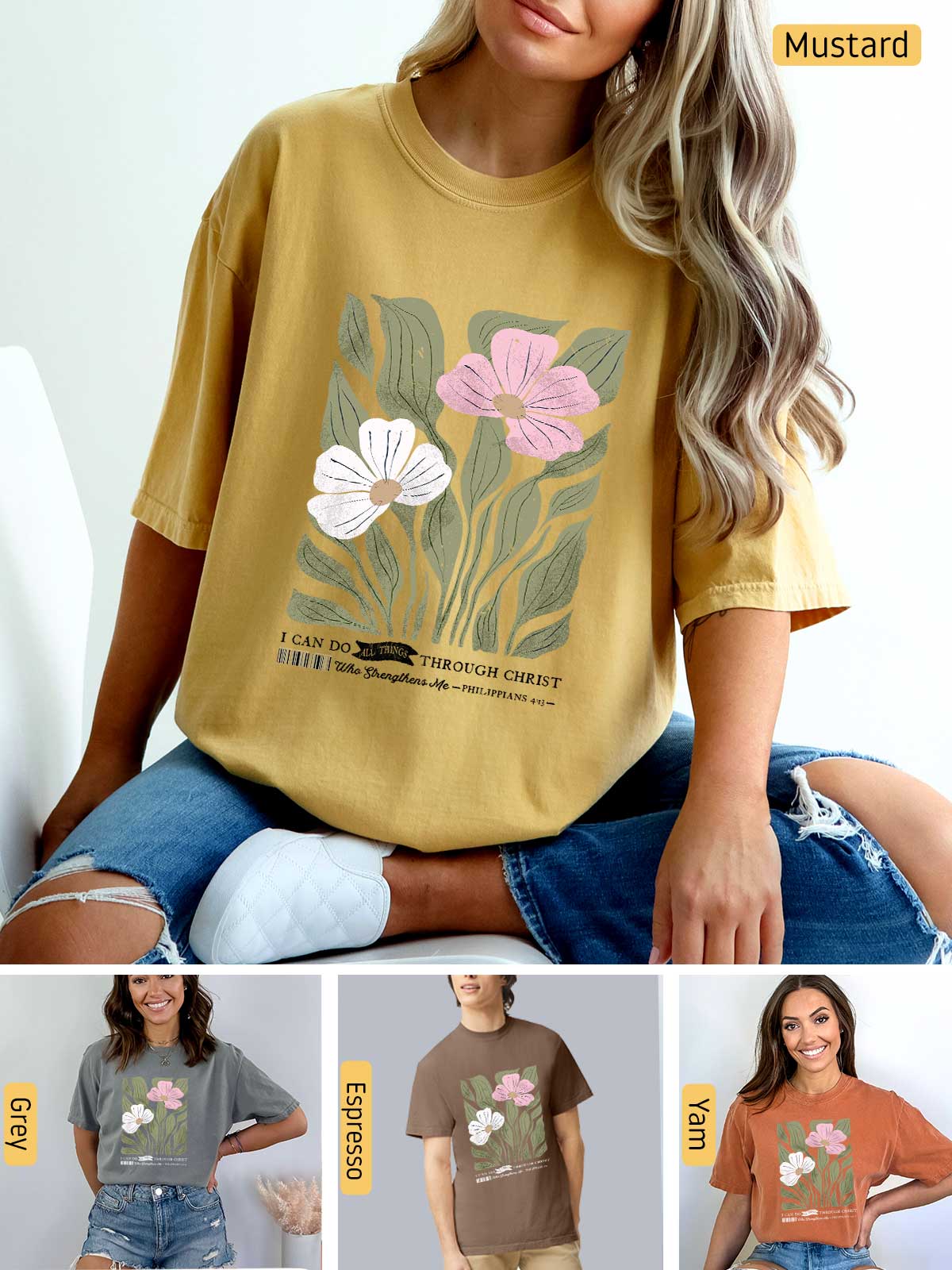a woman sitting on a chair wearing a t - shirt with flowers on it
