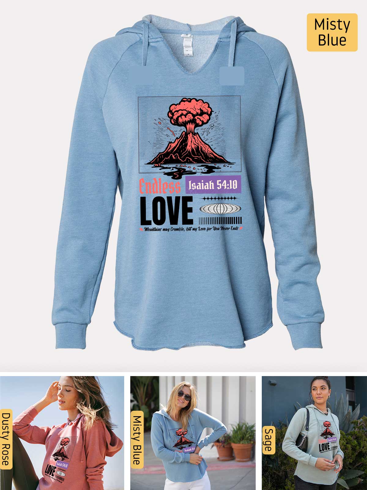 a blue hoodie with a picture of a volcano on it