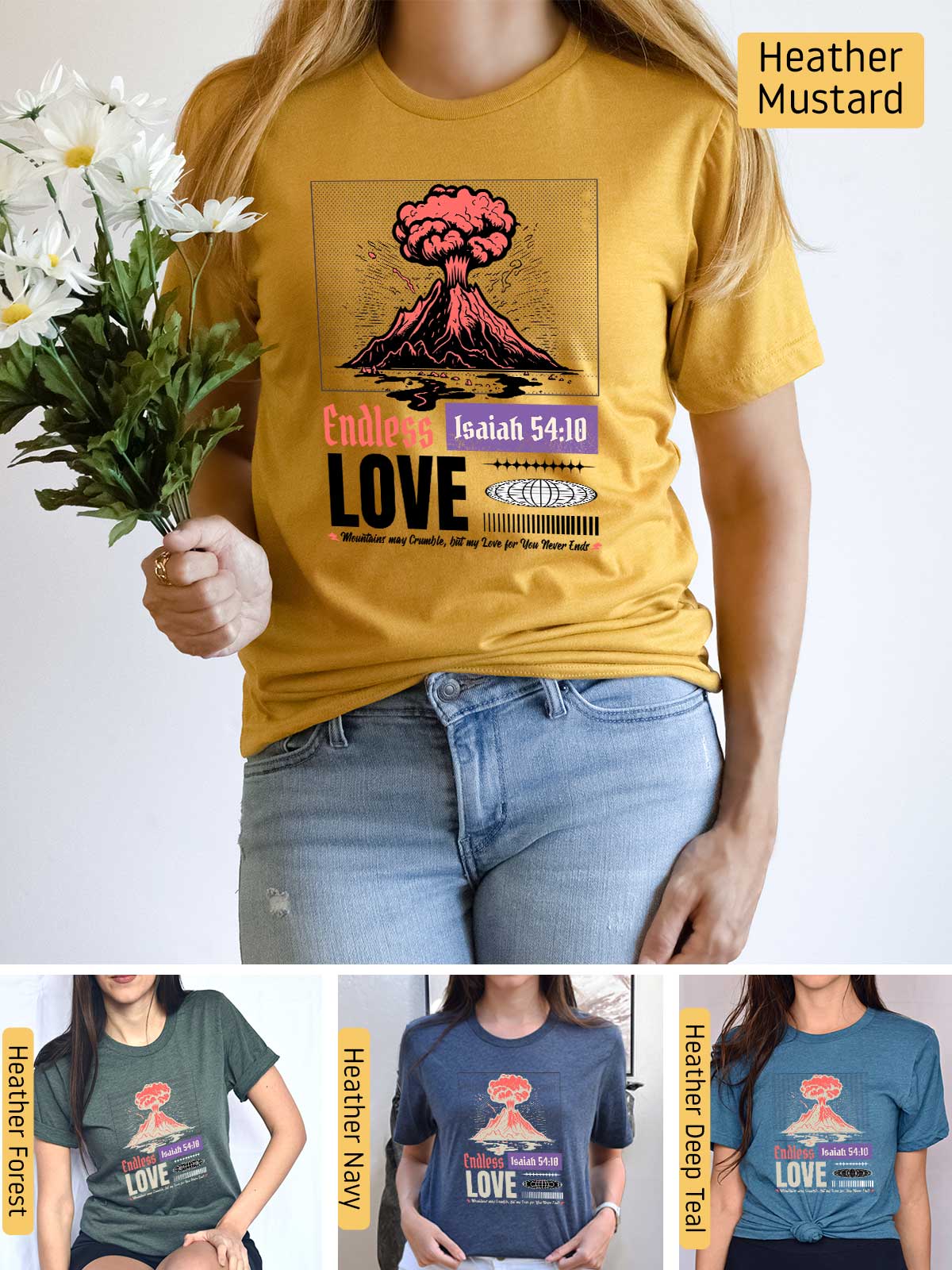 a woman wearing a t - shirt with a volcano on it