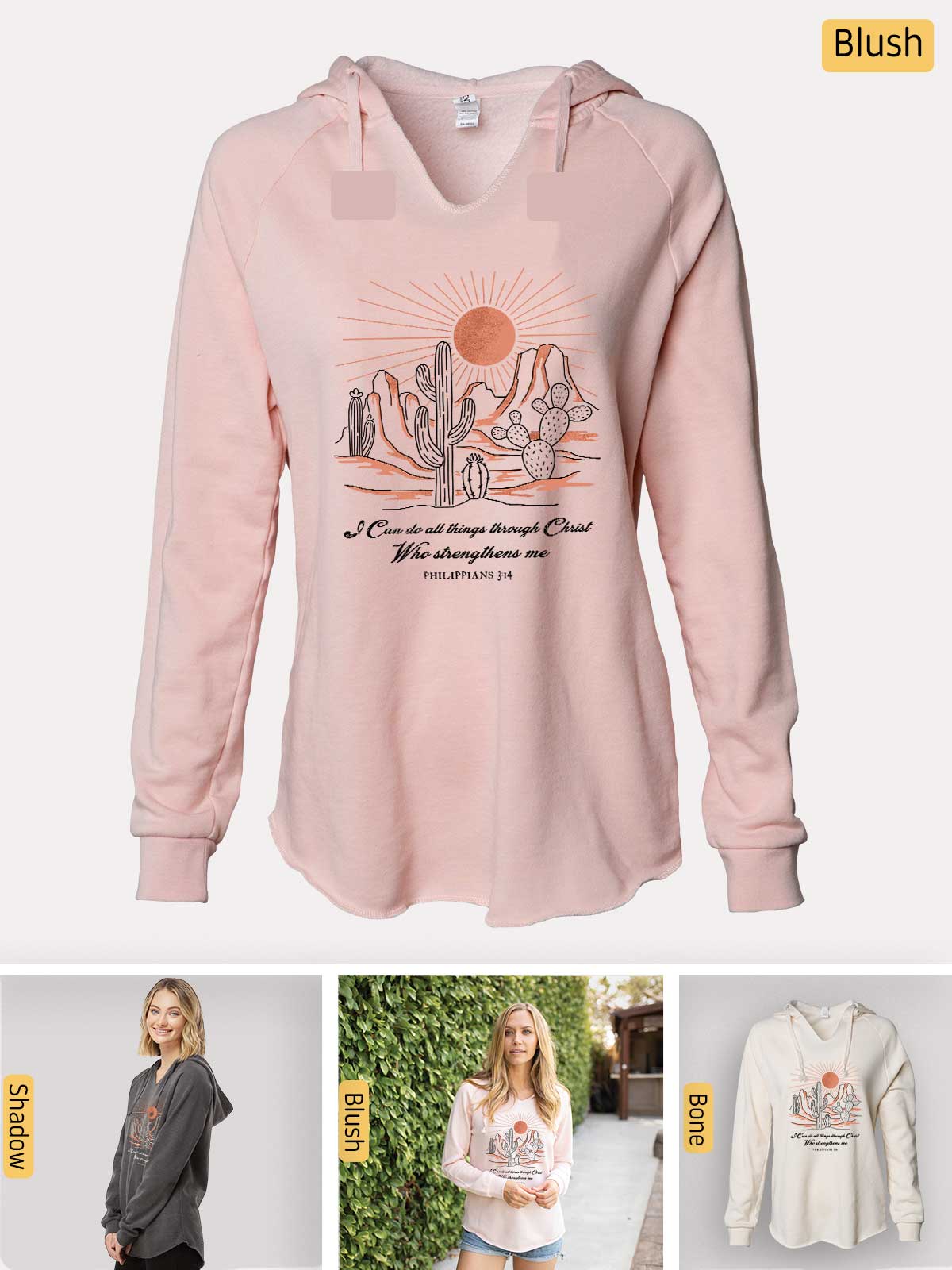 a women's pink hoodie with a picture of a cactus on it