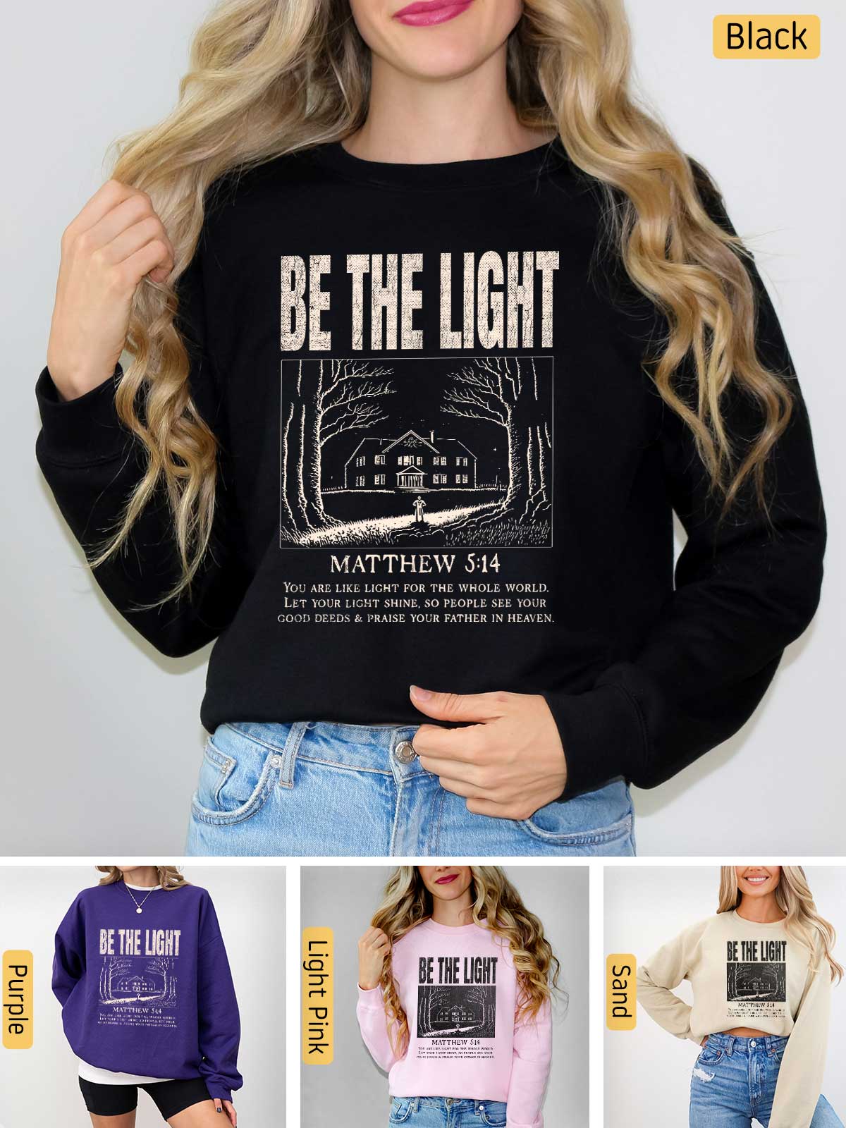 a woman wearing a black sweatshirt with the words be the light on it
