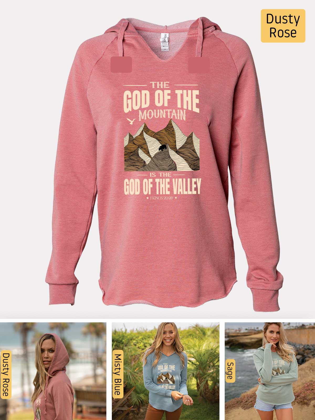 a pink hoodie with the words god of the mountain on it