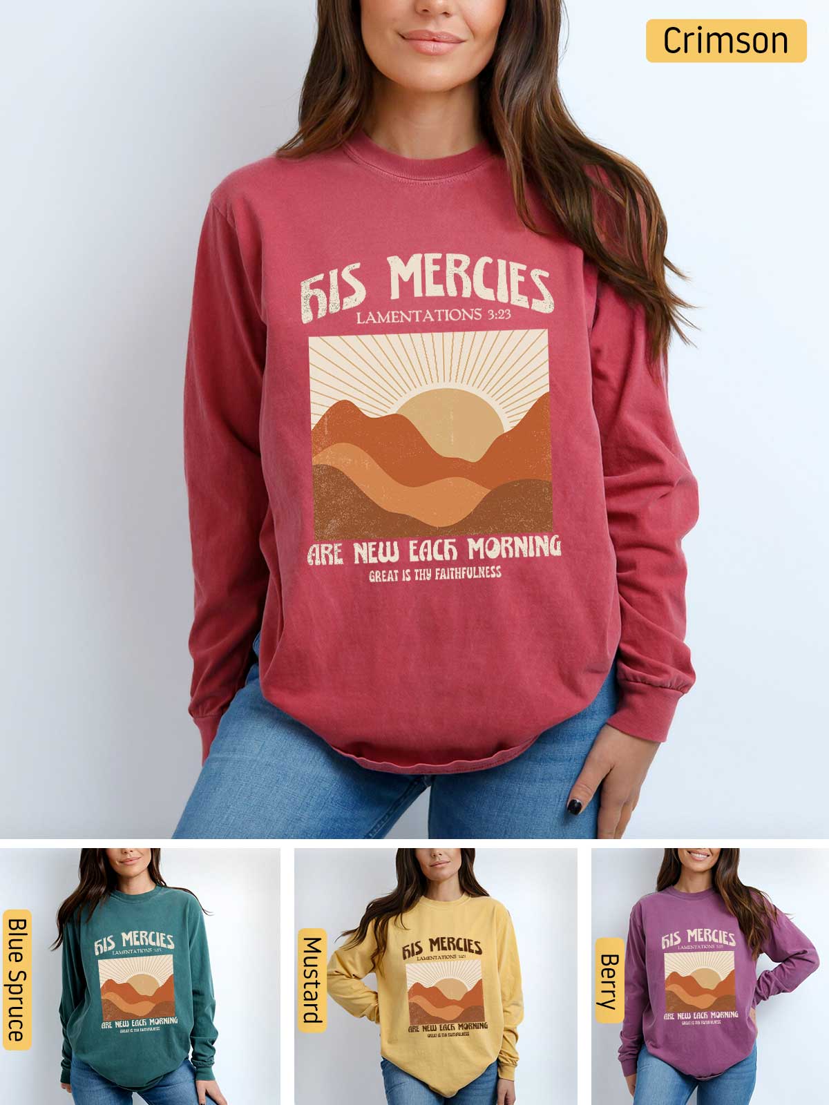 a woman wearing a red sweatshirt with a mountain scene on it