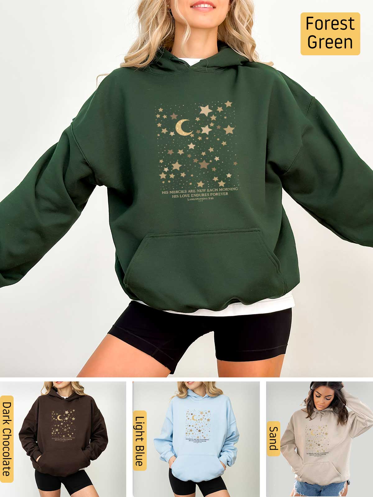 a woman wearing a green hoodie with stars and a moon on it