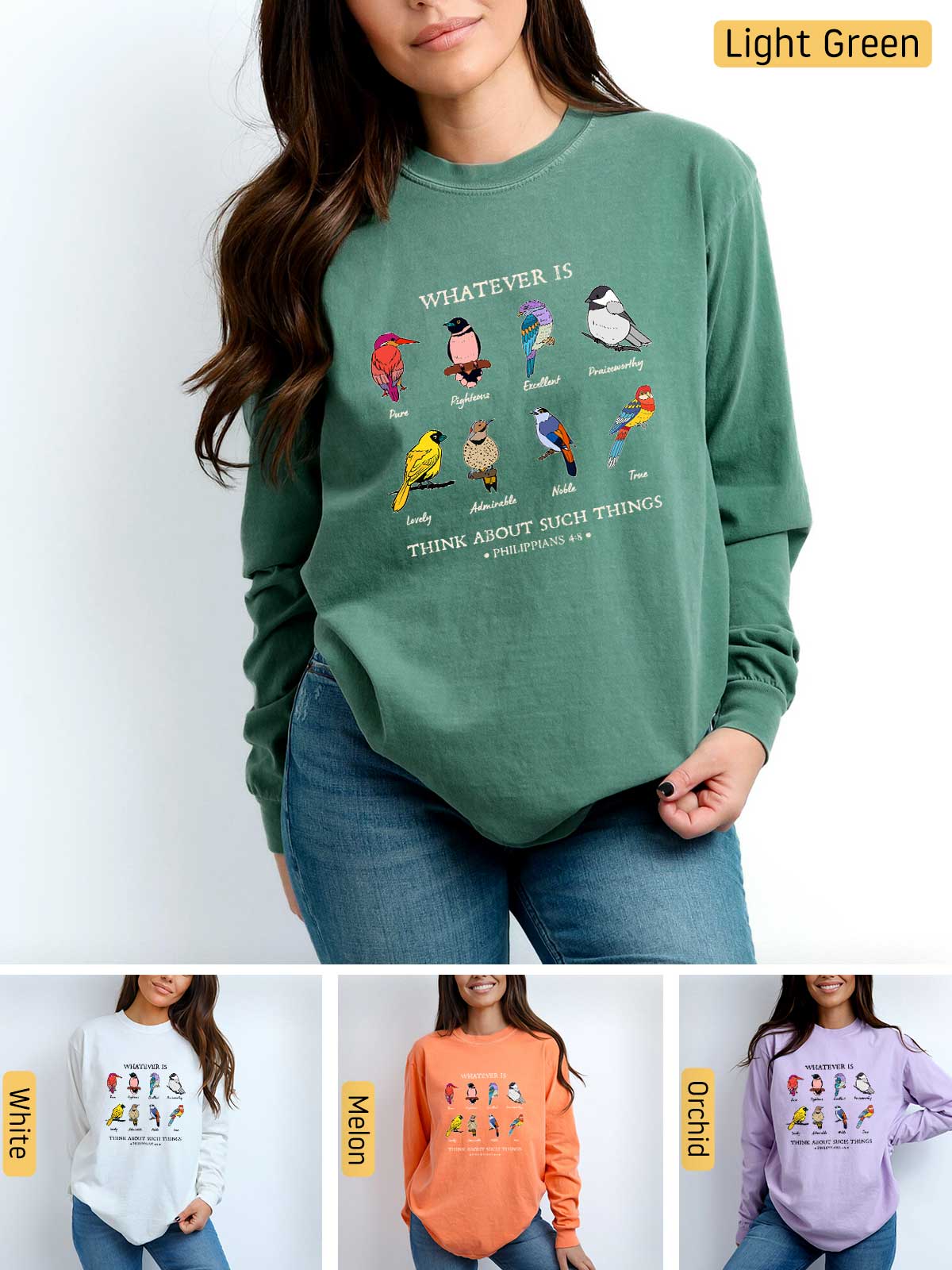 a woman wearing a green sweater with pictures of birds on it