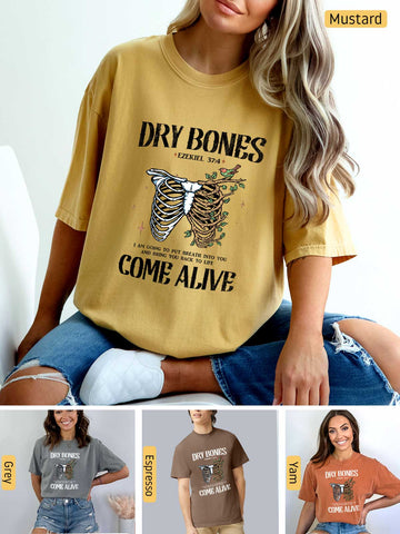 a woman sitting on a couch wearing a dry bones t - shirt