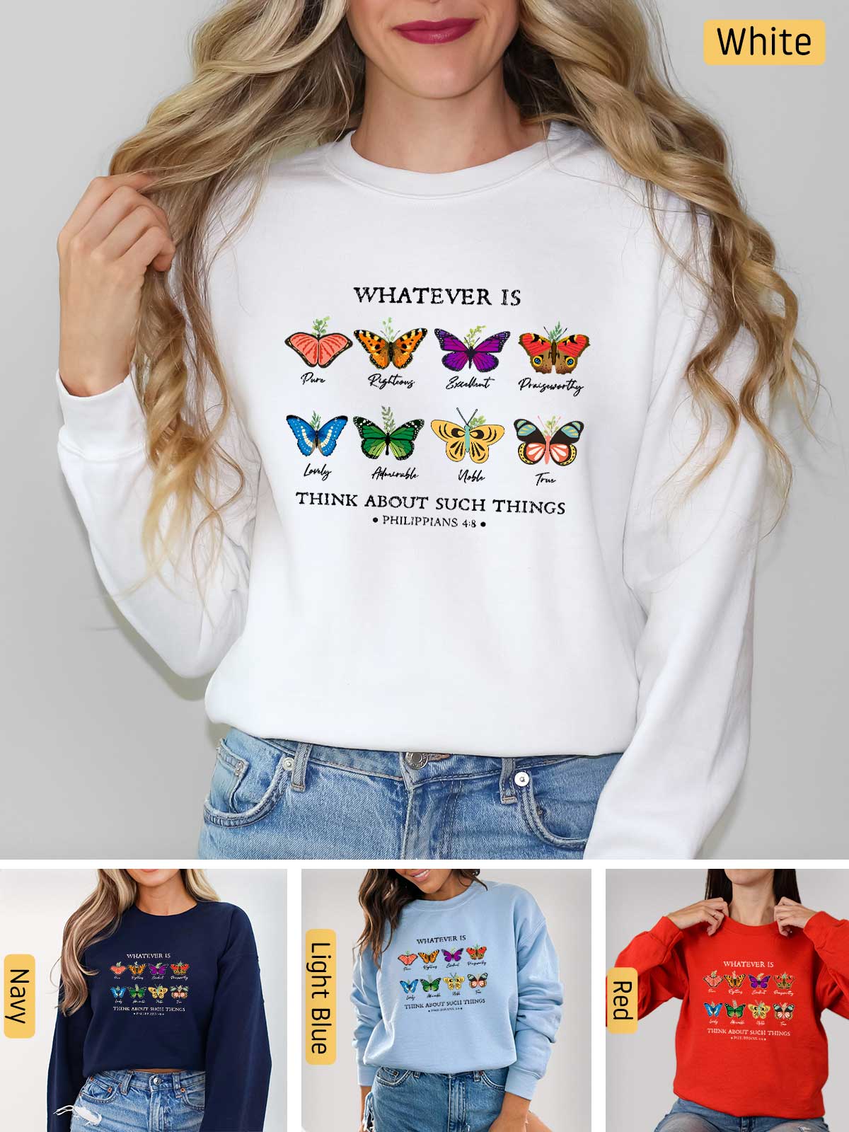 a woman wearing a sweatshirt with butterflies on it