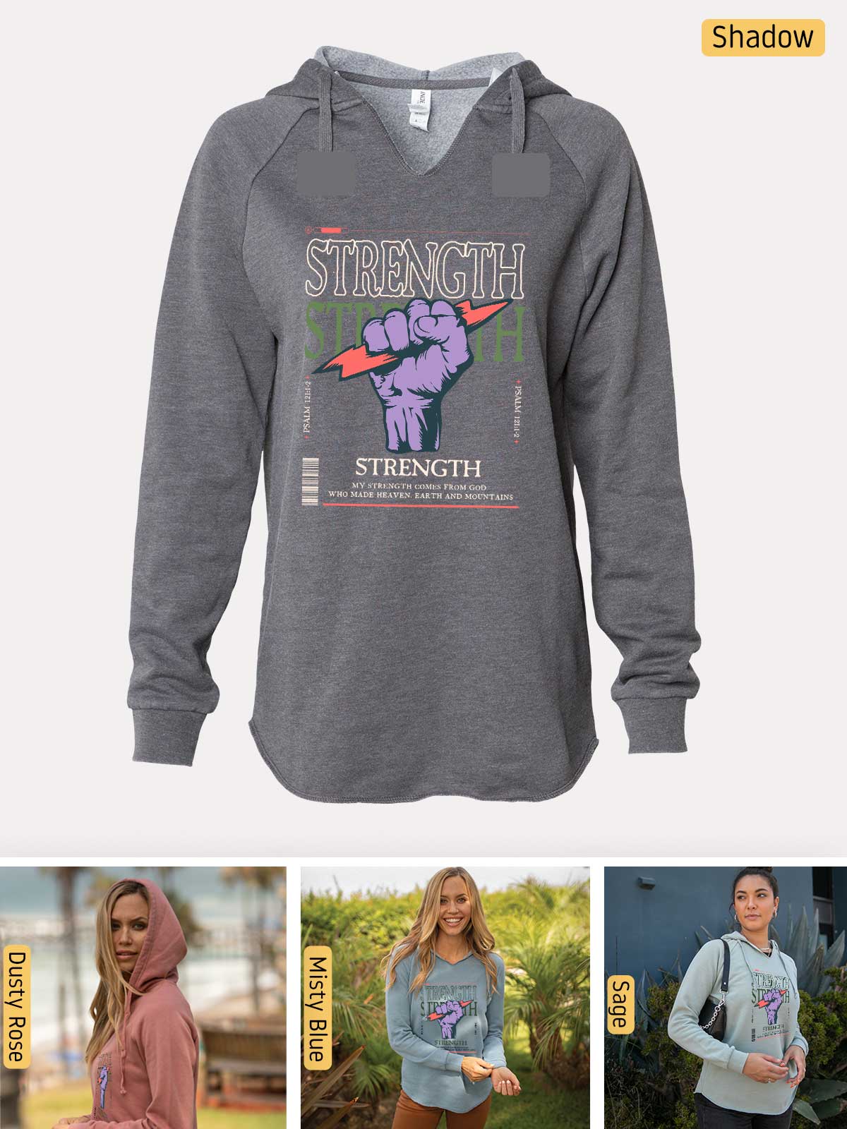 a women's hoodie with the words strength on it