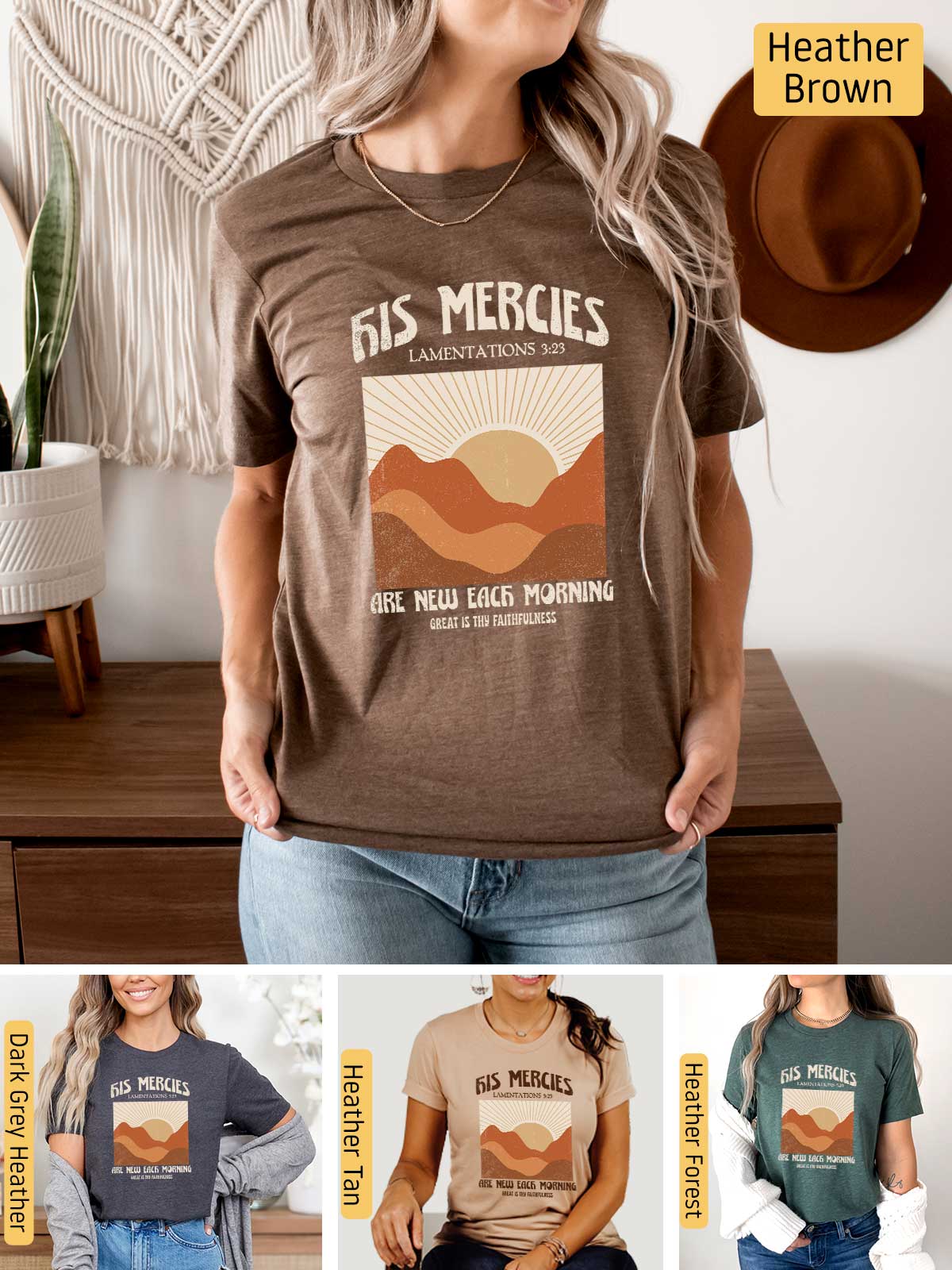 a woman wearing a t - shirt with a picture of a mountain