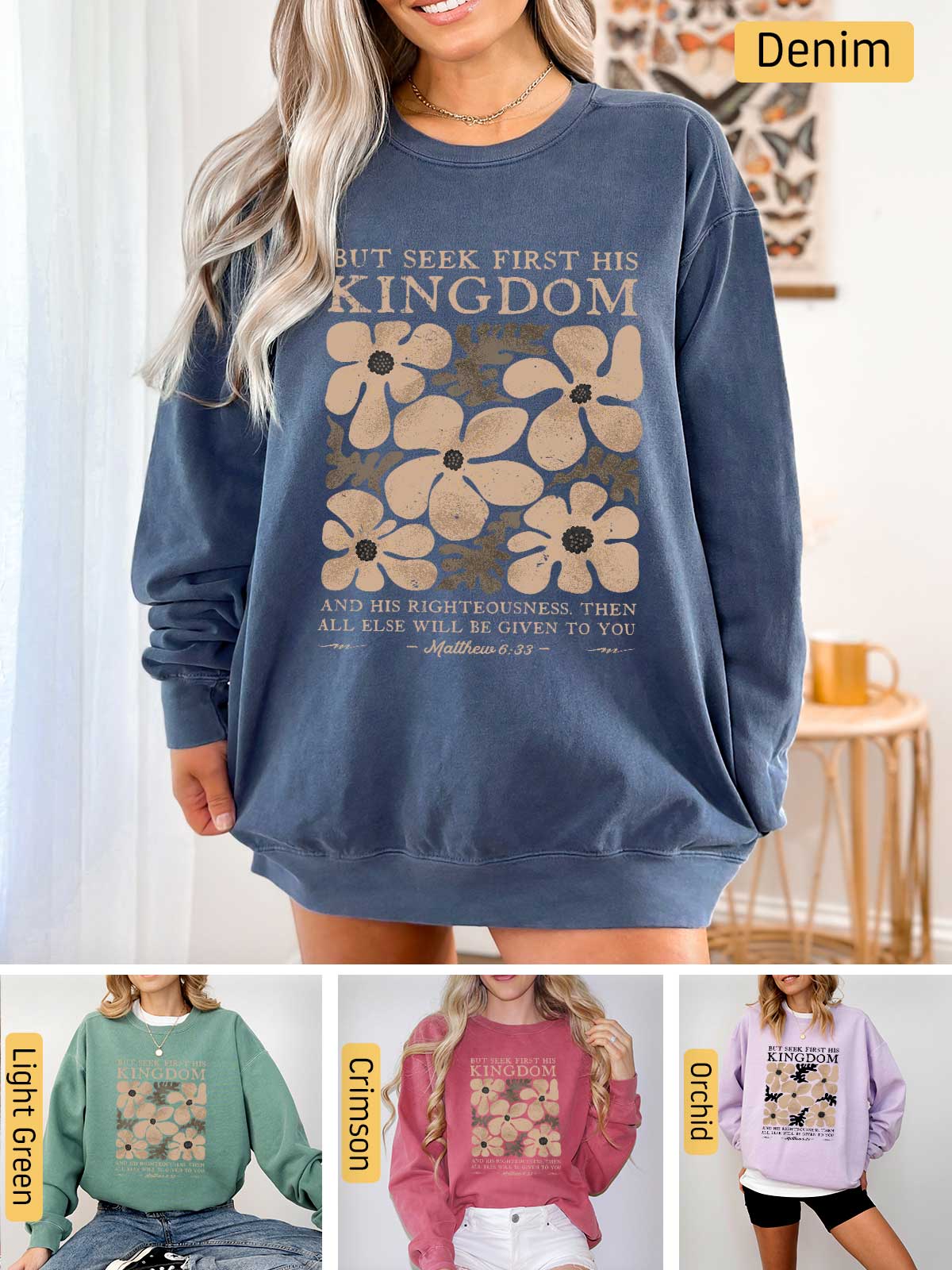 a woman wearing a sweatshirt with a flower design on it