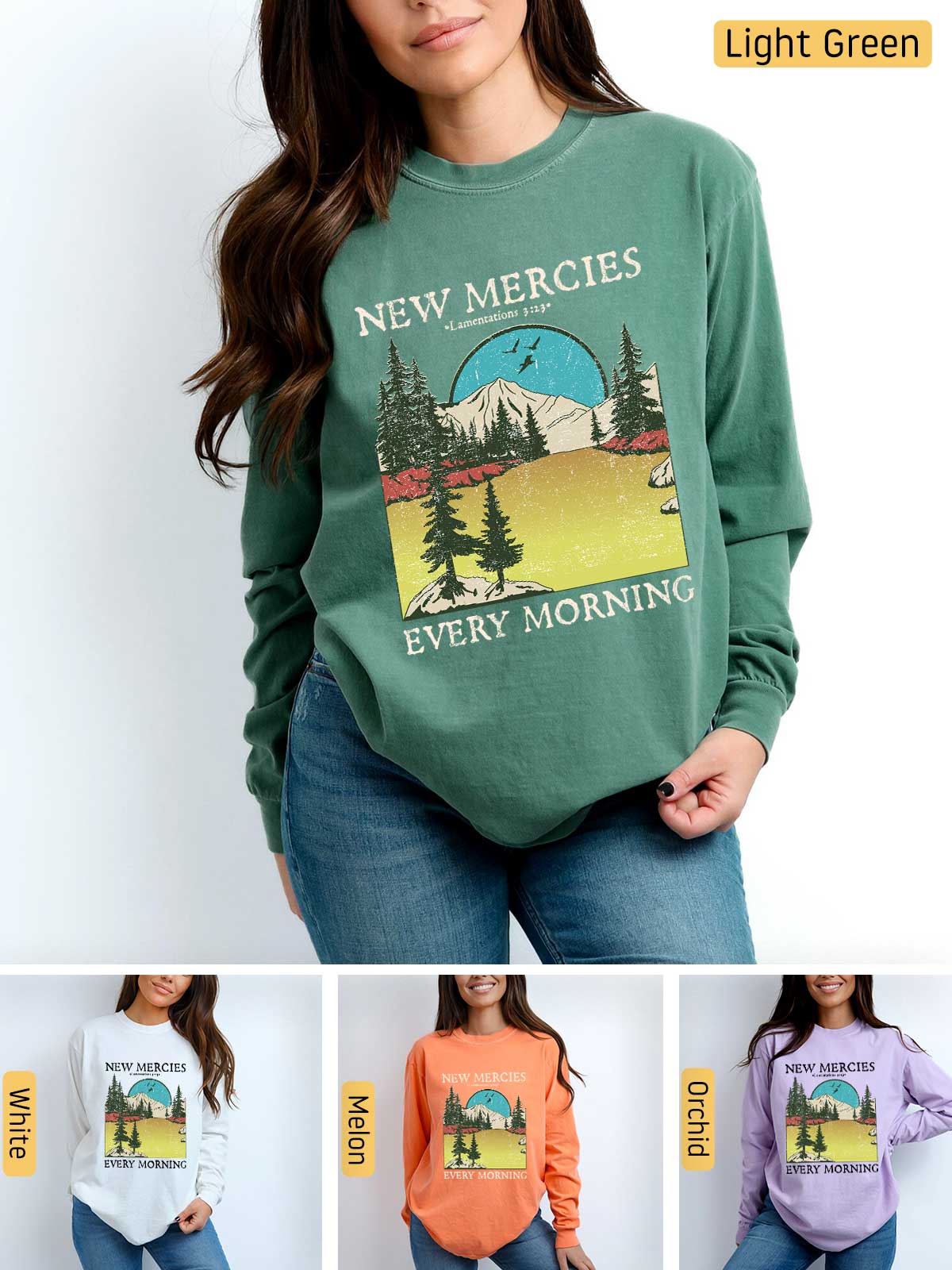 a woman wearing a new mercies every morning sweatshirt