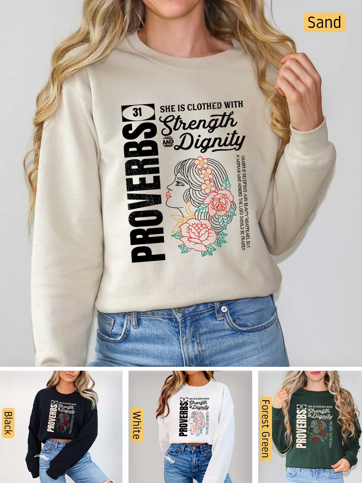 a woman wearing a sweatshirt with the words, friends, and flowers on it