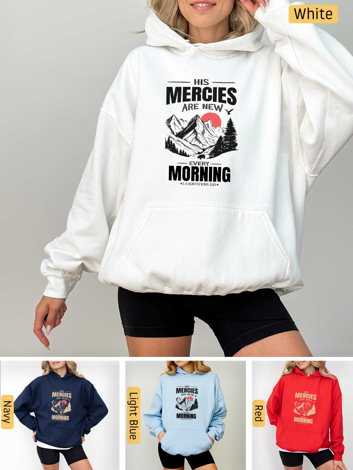 a woman wearing a sweatshirt with the words mercies are born in morning on it