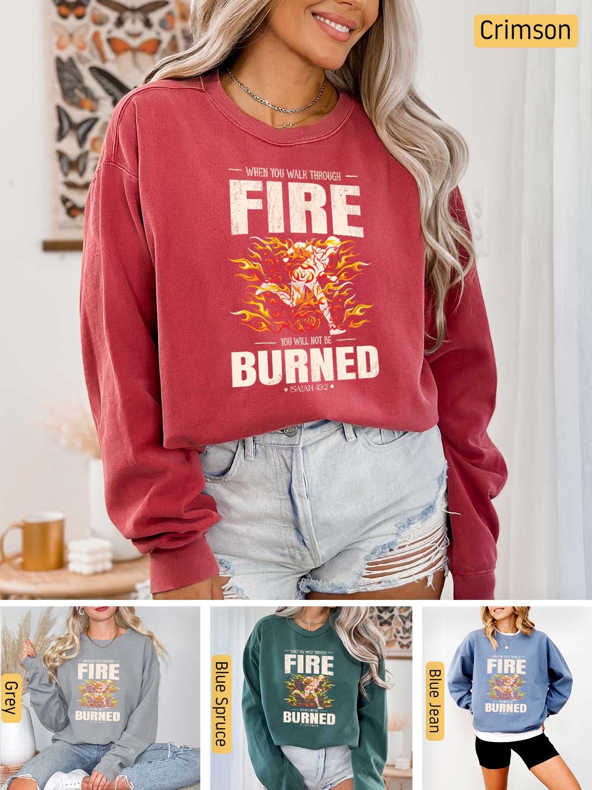 a woman wearing a fire and burned sweatshirt