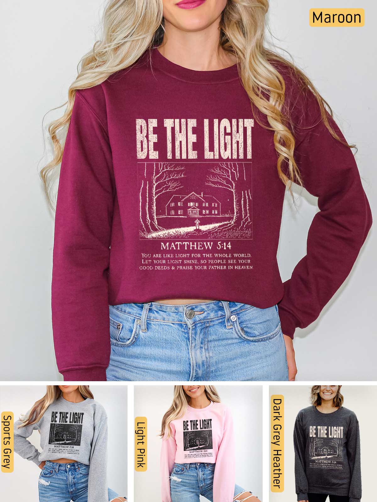 a woman wearing a sweatshirt that says be the light