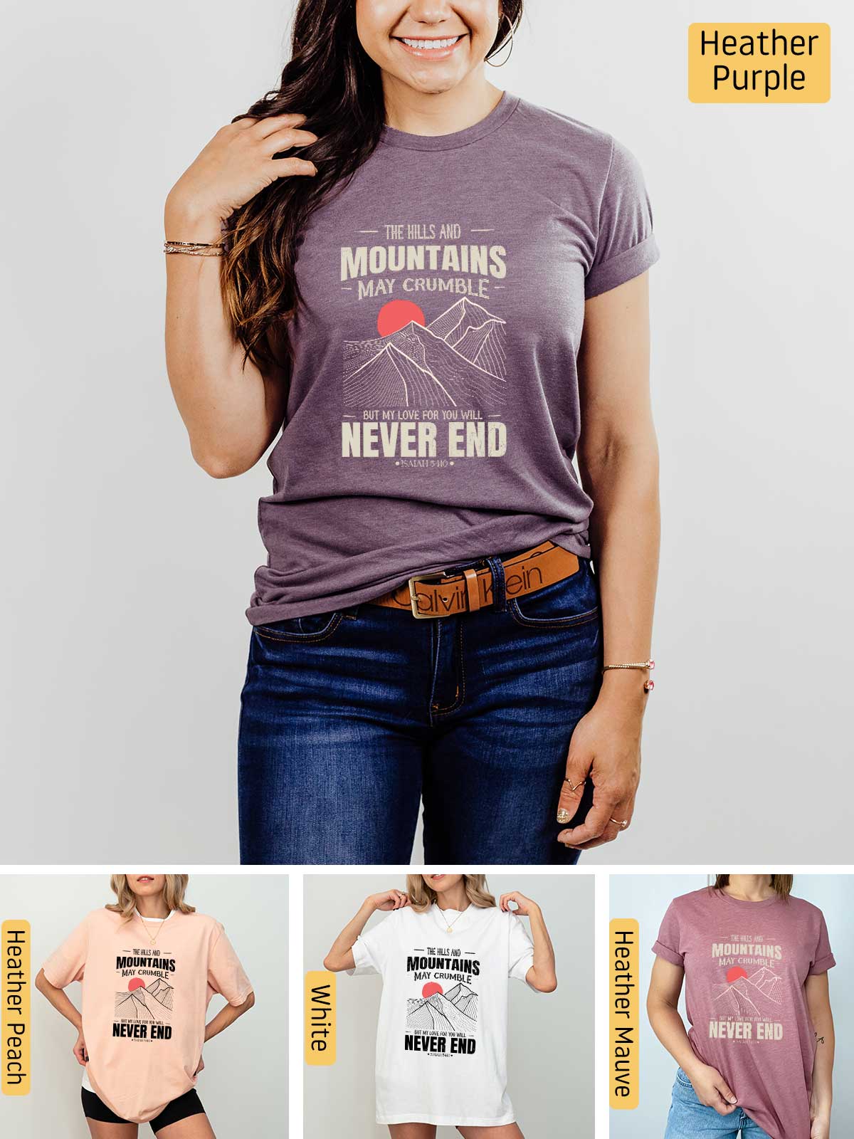 a woman wearing a t - shirt that says mountains are never end