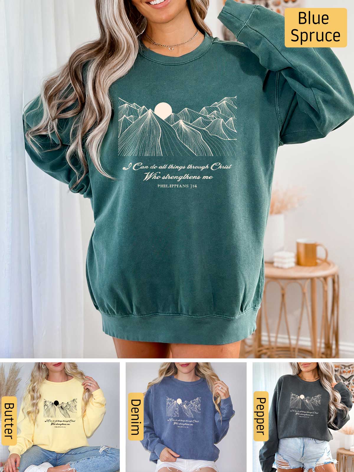 a woman wearing a green sweatshirt with mountains on it