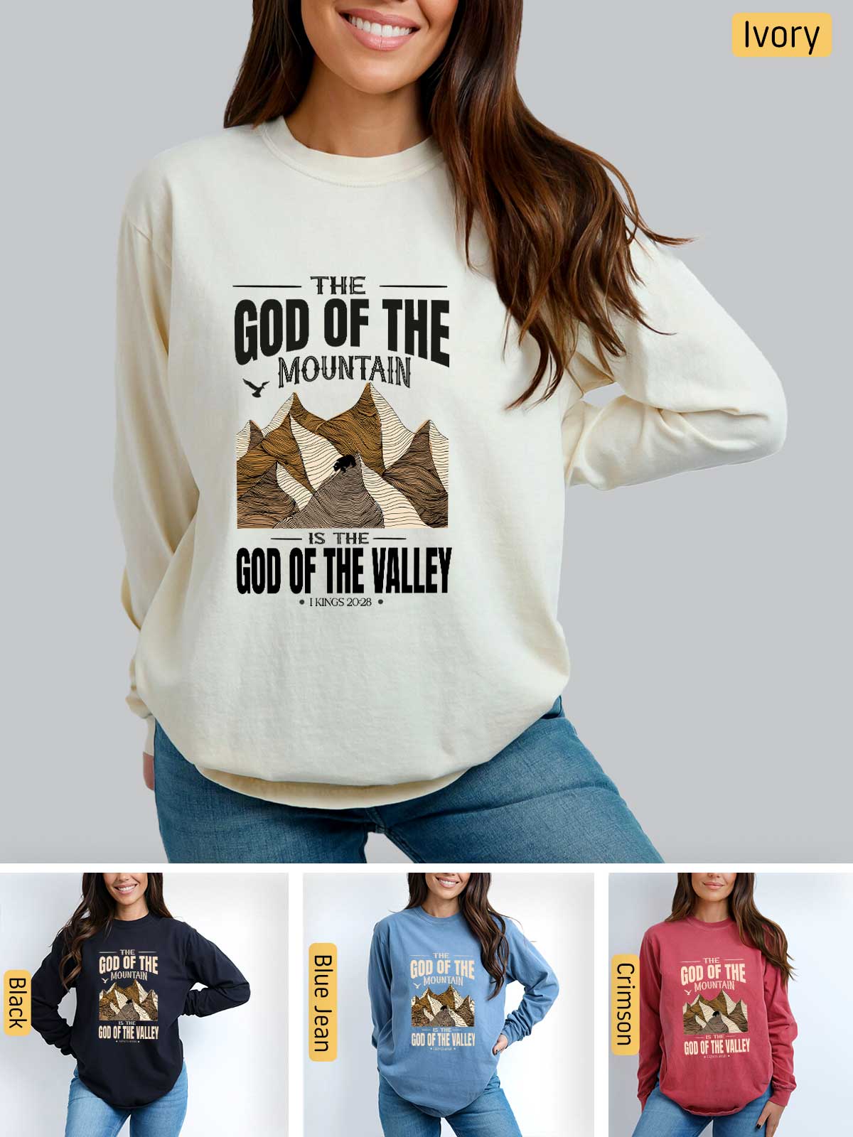 a woman wearing a sweatshirt that says the god of the mountain