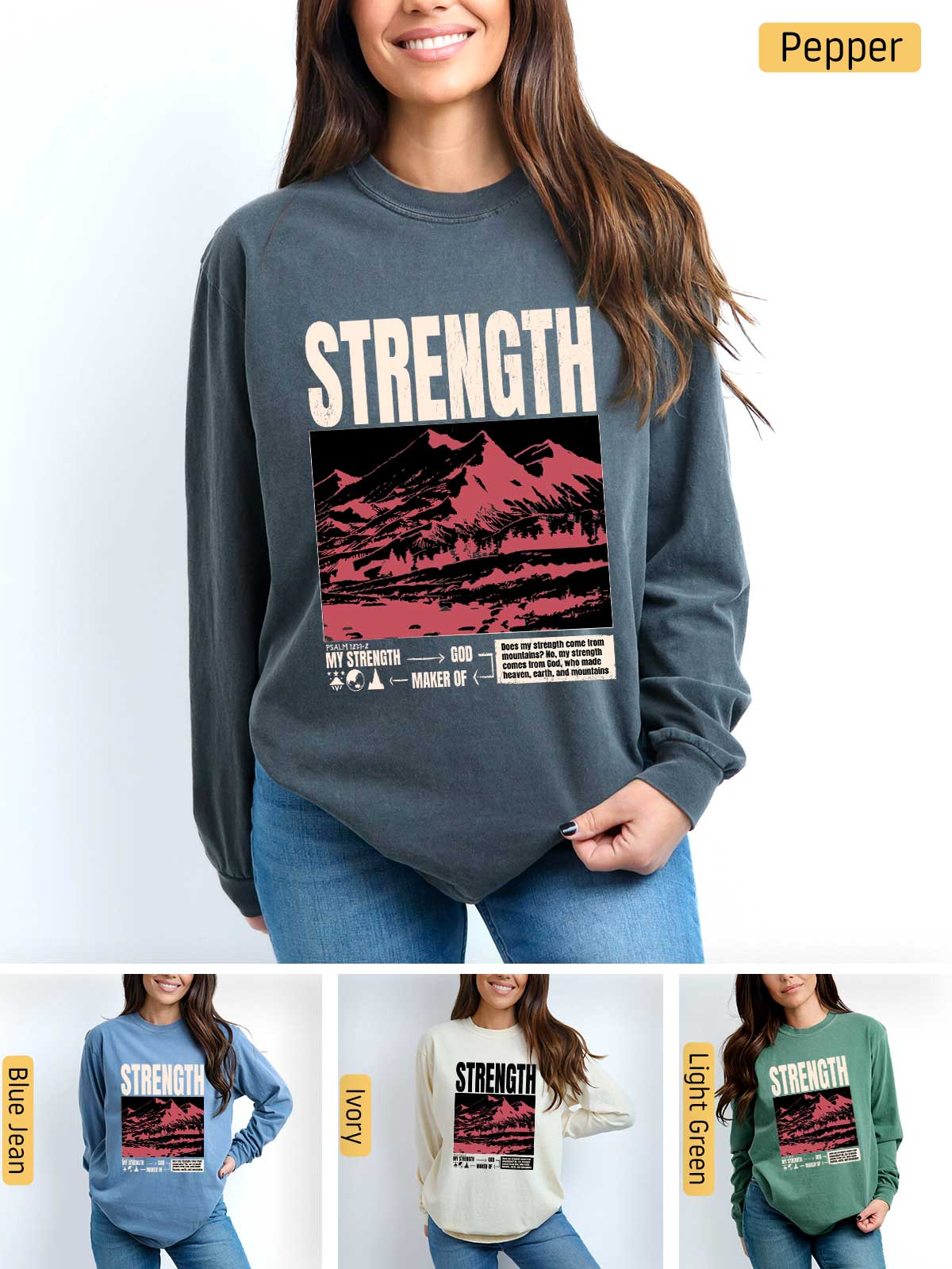 a woman wearing a sweatshirt with the words strength on it