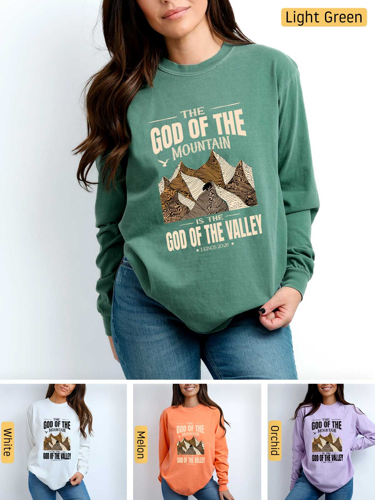 a woman wearing a sweatshirt that says, the good of the mountain god of the