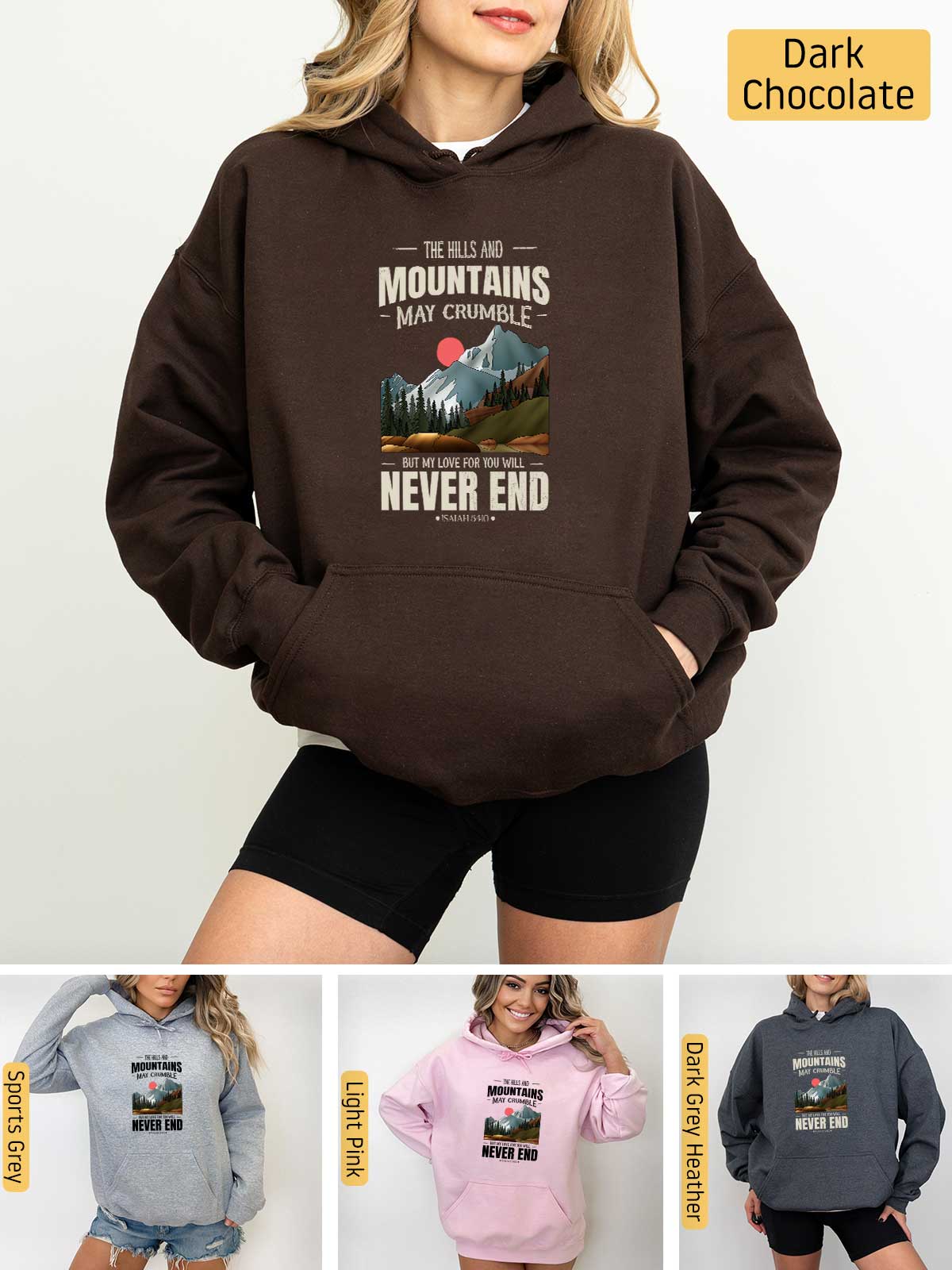 a woman wearing a hoodie that says the wild and the mountains are never end