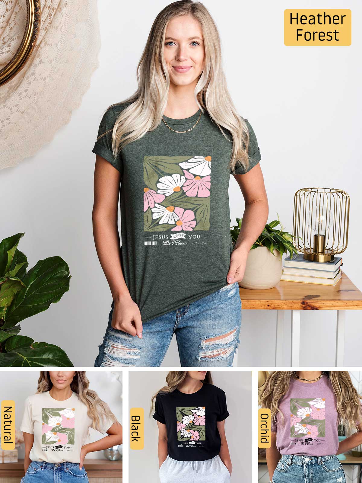 a woman wearing a t - shirt with flowers on it