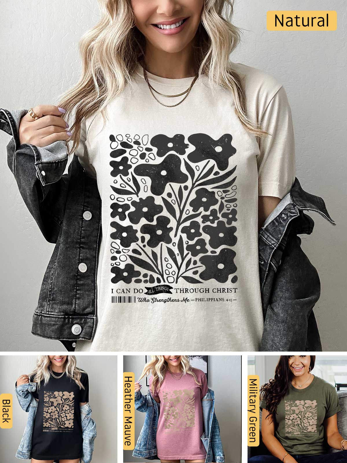 a woman wearing a t - shirt with an image of a flower on it
