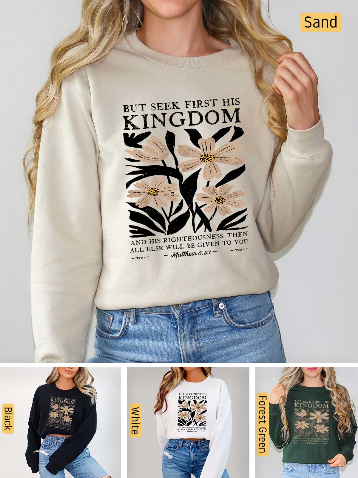 a woman wearing a sweatshirt that says but seek first she kingdom