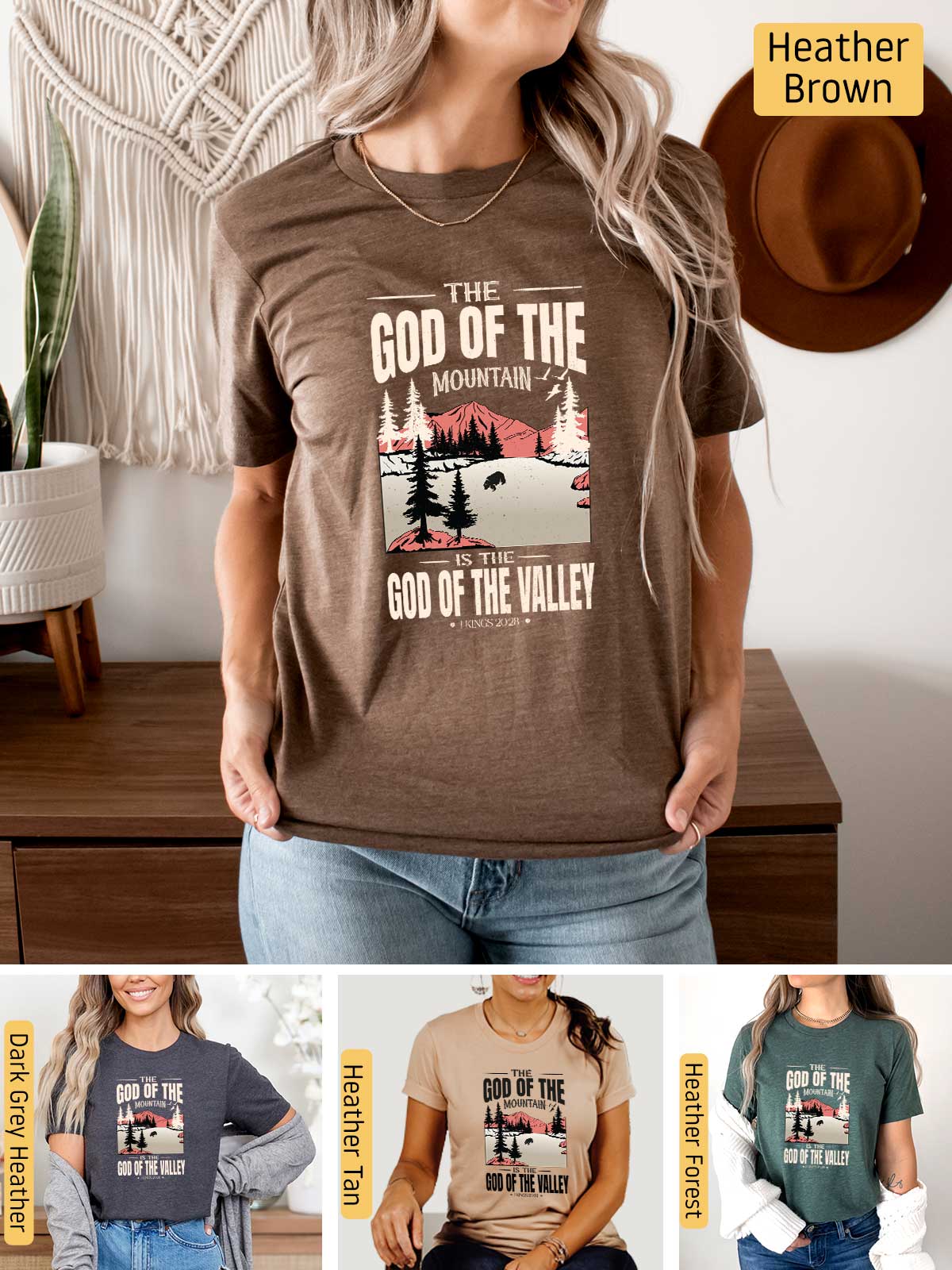 a woman wearing a t - shirt that says god of the mountains