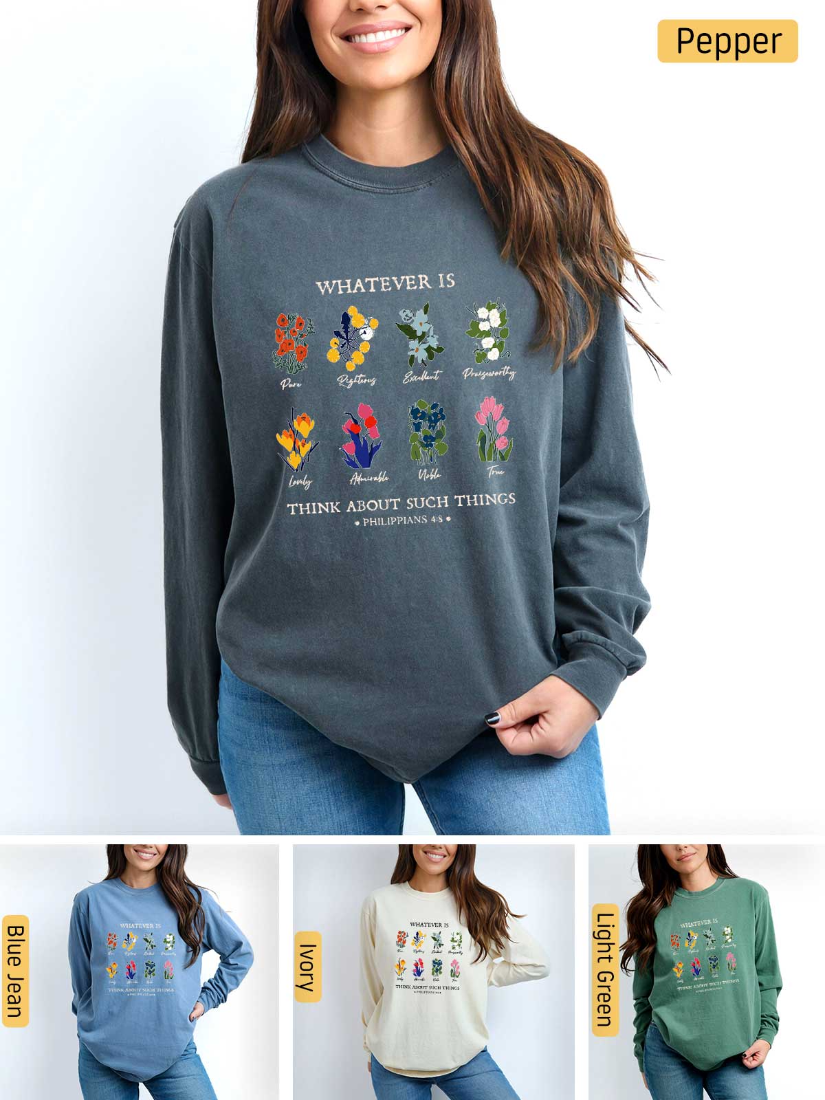 a woman wearing a sweater with different flowers on it