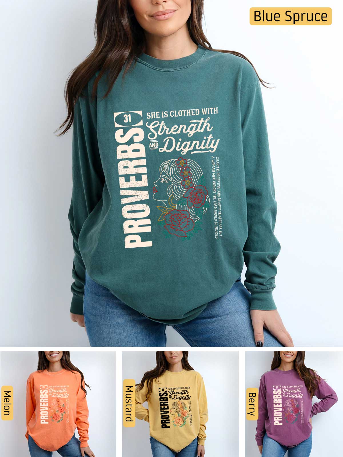 a woman wearing a green sweatshirt with the words powers printed on it