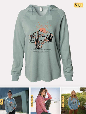 His Mercies are New, His Love Endures Forever - Lamentations 3:22-23 - Lightweight, Cali Wave-washed Women's Hooded Sweatshirt