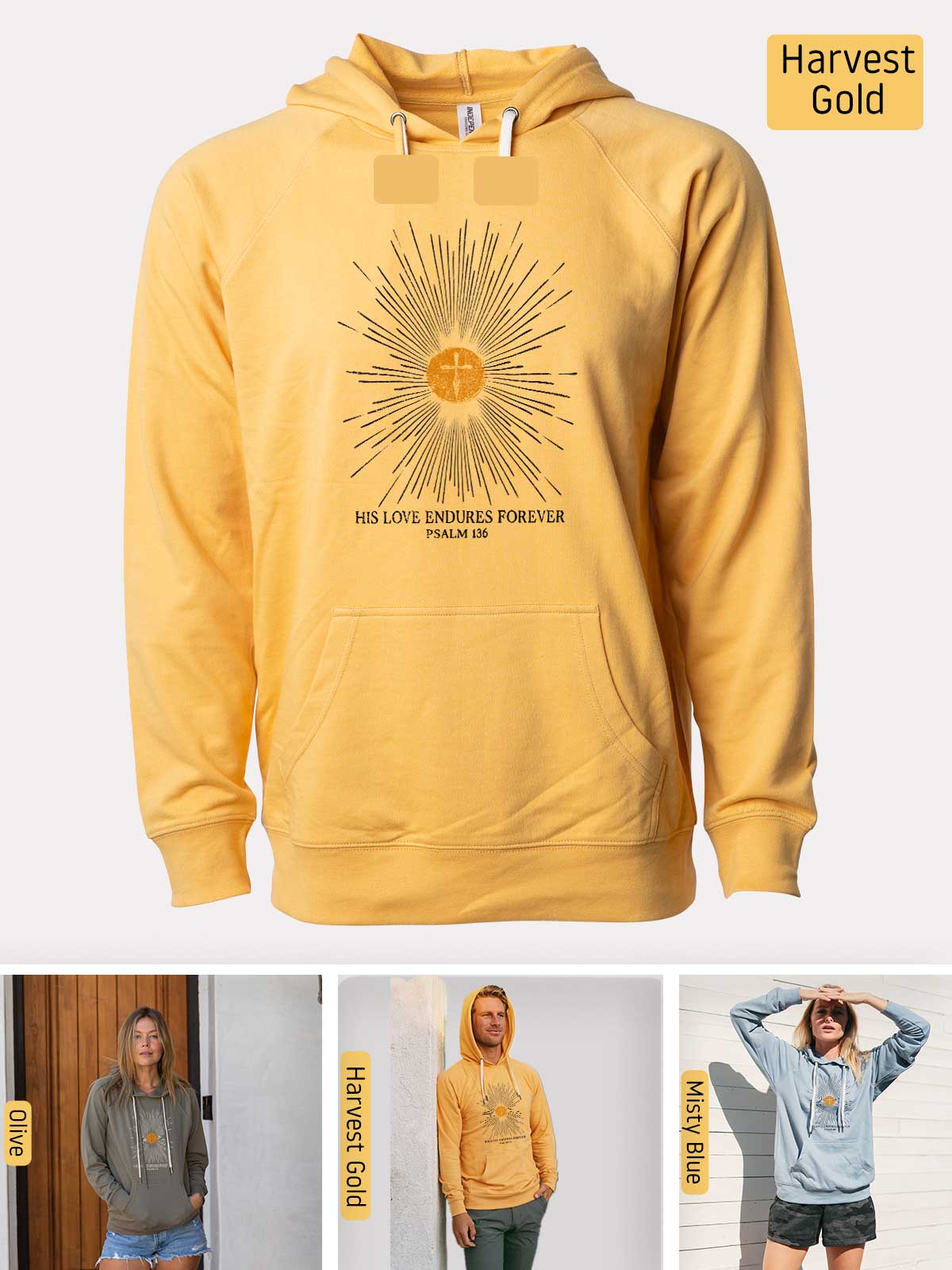 a yellow hoodie with a picture of a sun on it