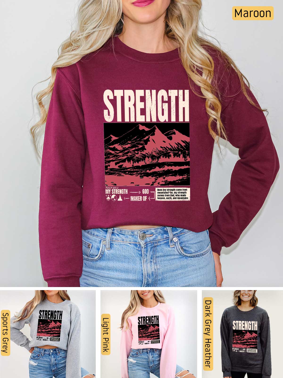 a woman wearing a sweatshirt with the words strength on it