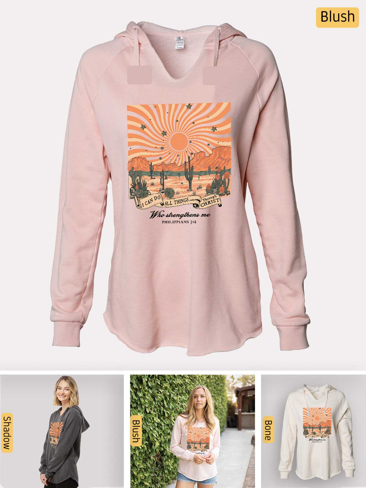 a pink hoodie with a picture of a sunset on it