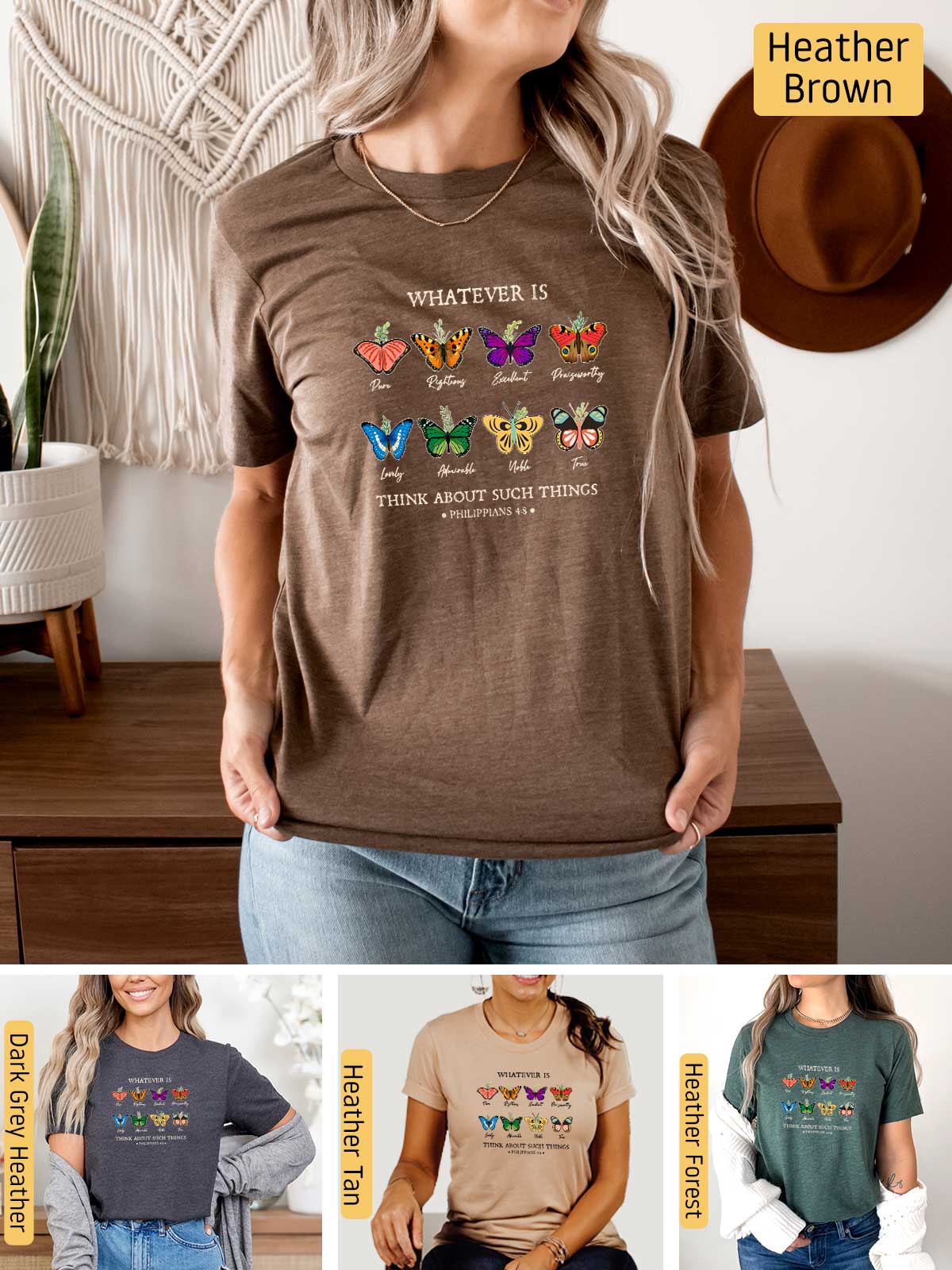 a woman wearing a brown t - shirt with butterflies on it