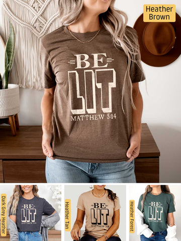 a woman wearing a t - shirt with the words be lit on it