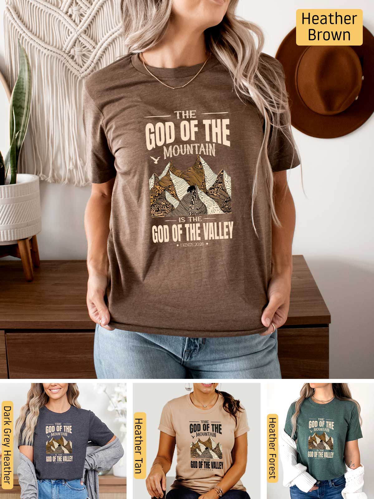 a woman wearing a t - shirt that says god of the mountain