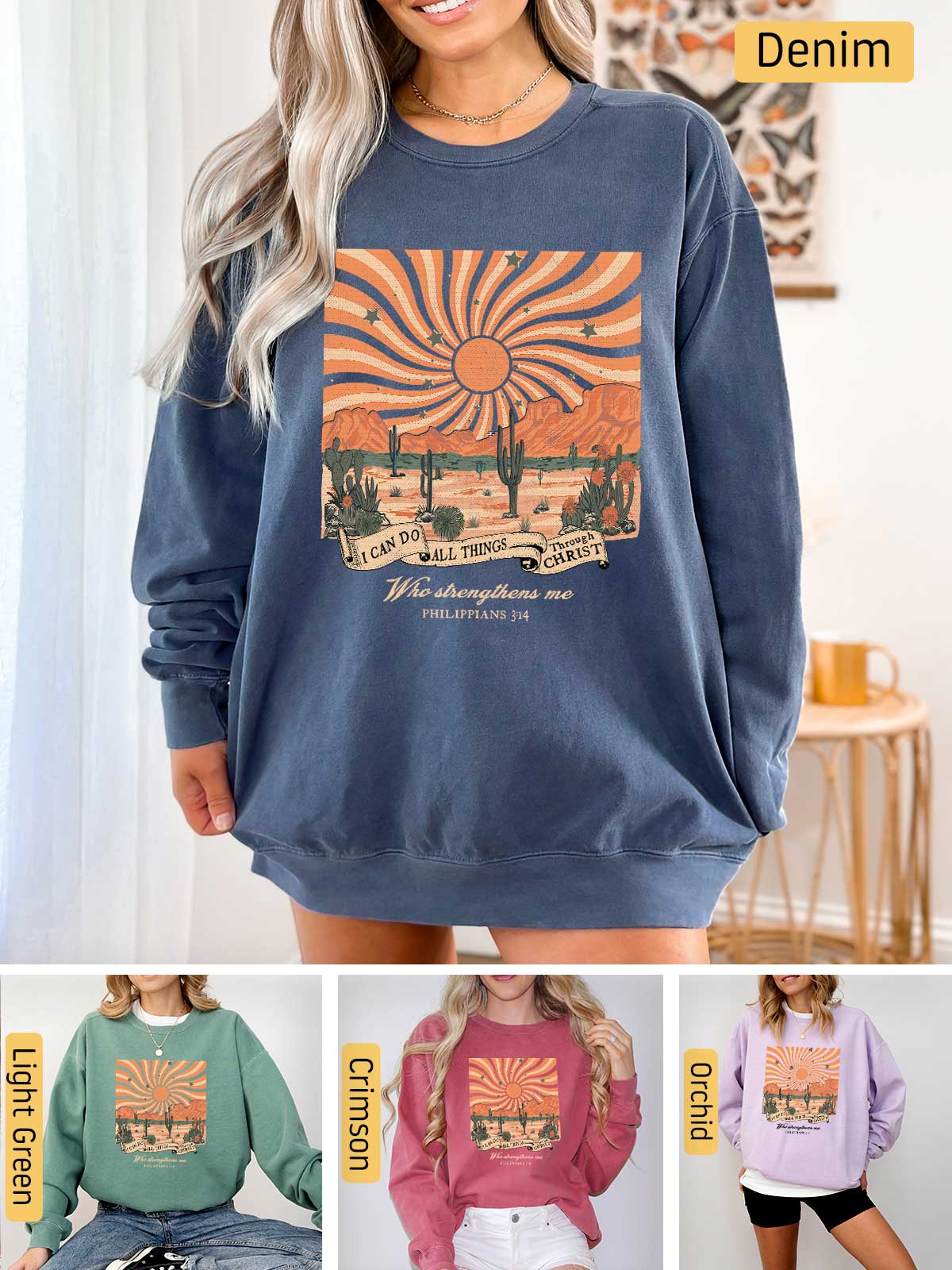 a woman wearing a sweatshirt with a sunset on it