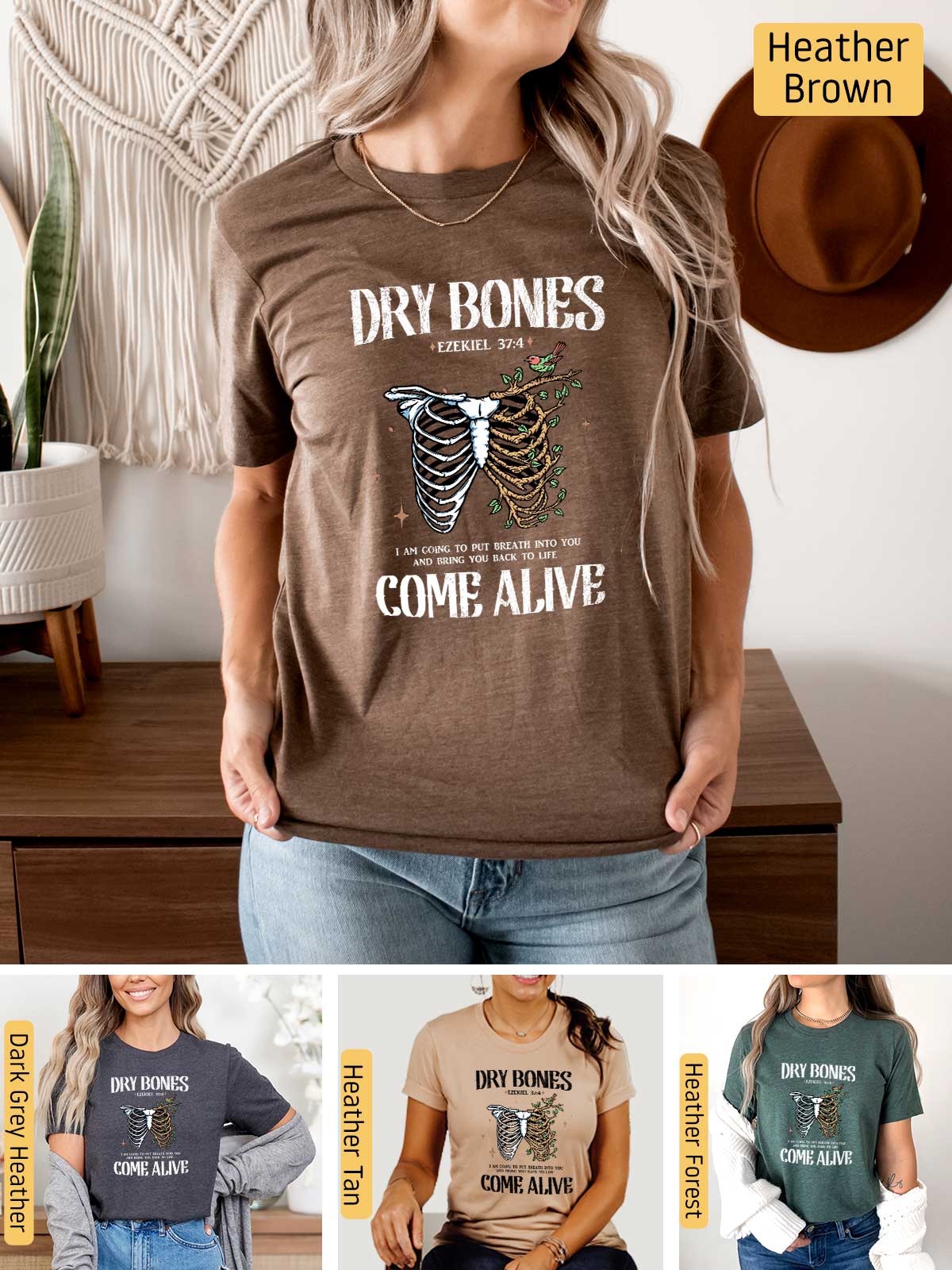 a woman wearing a t - shirt that says dry bones come alive