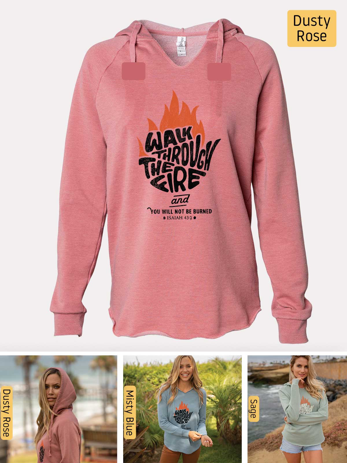 a woman wearing a pink hoodie with a fire on it