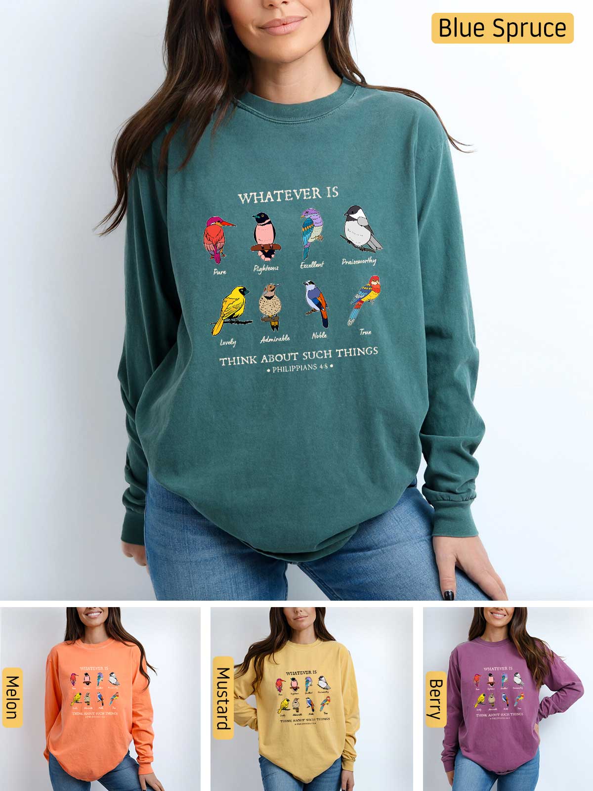 a woman wearing a sweatshirt with different pictures of birds on it