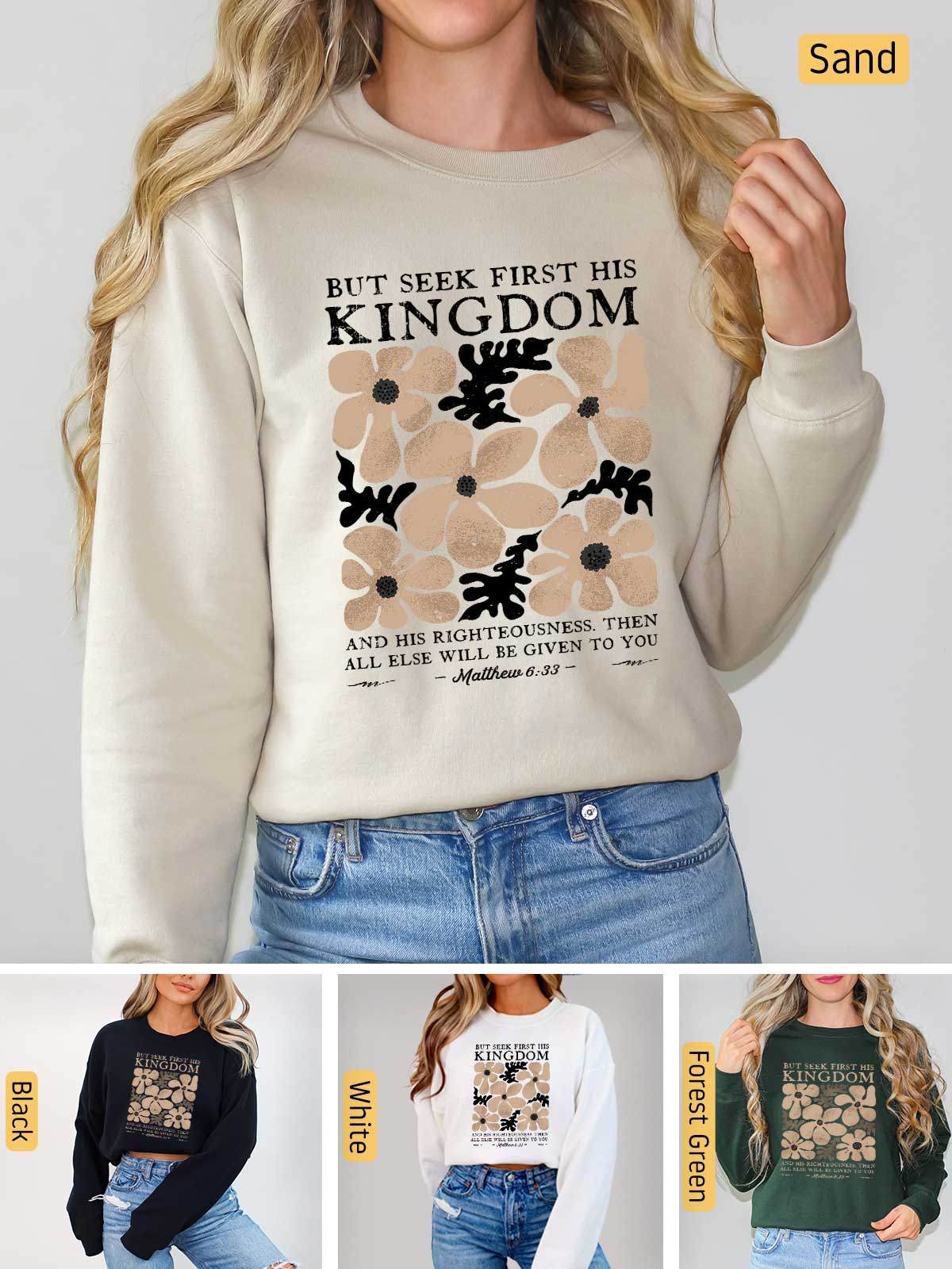 a woman wearing a sweater that says but seek first the kingdom