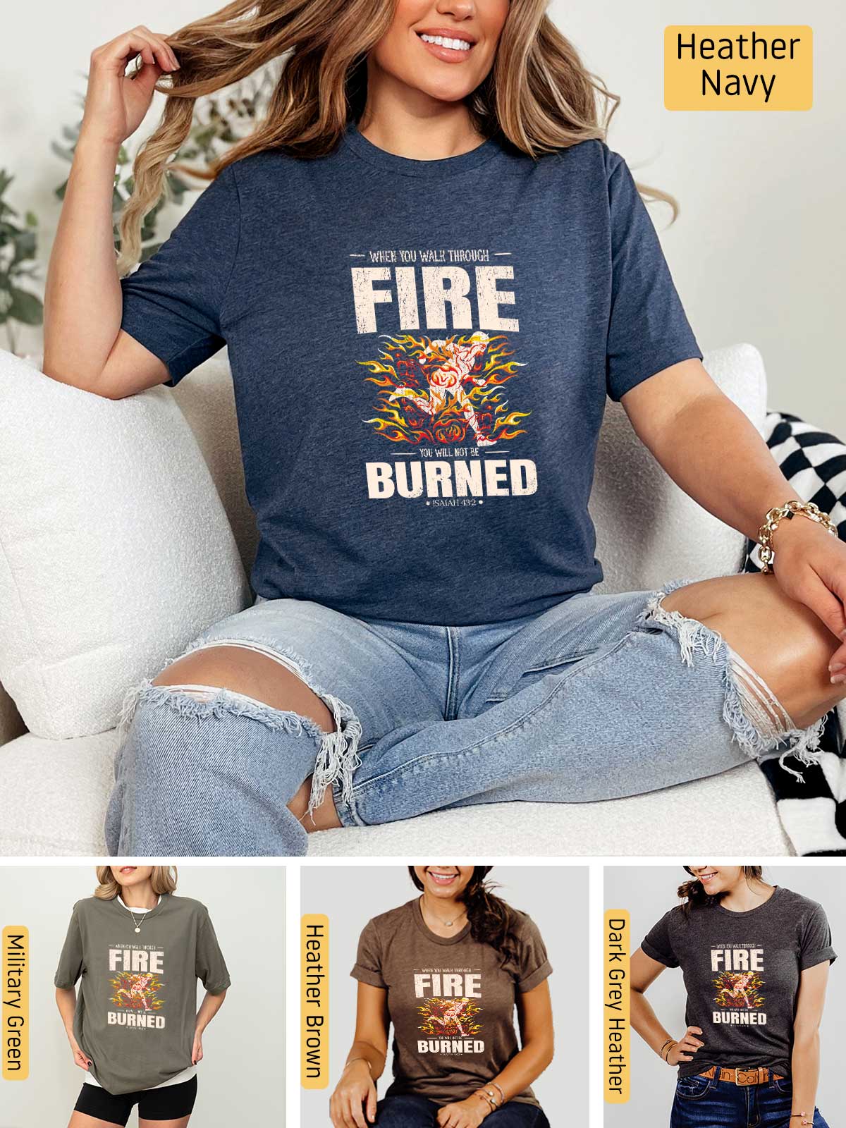 a woman sitting on a couch wearing a t - shirt that says fire burned
