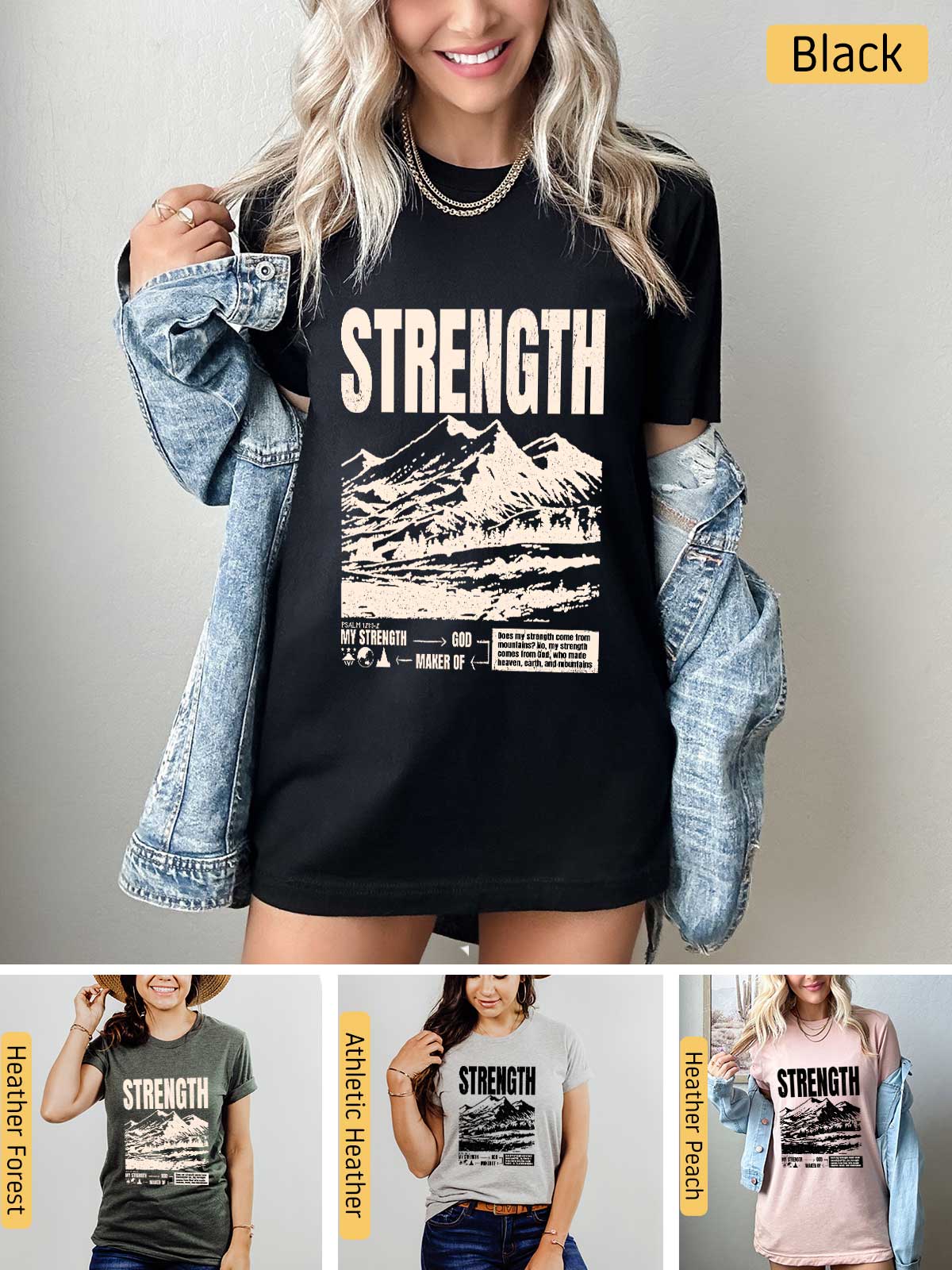 a woman wearing a black shirt with the words strength on it