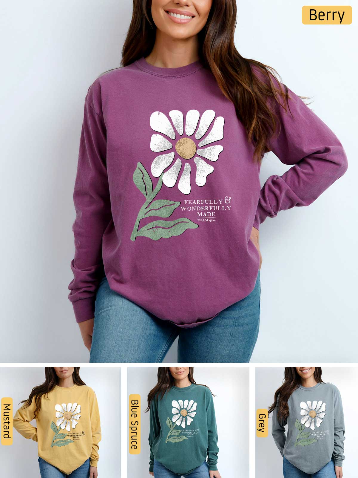 a woman wearing a sweatshirt with a flower on it