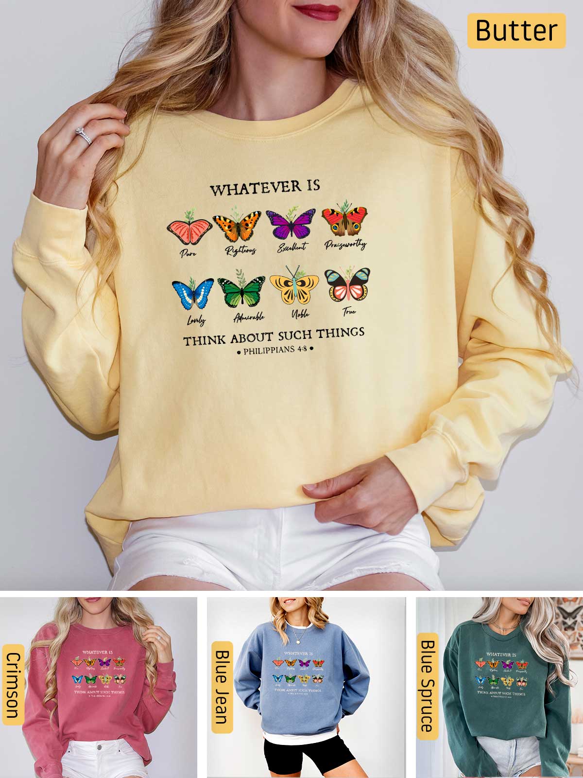 a woman wearing a sweatshirt with butterflies on it