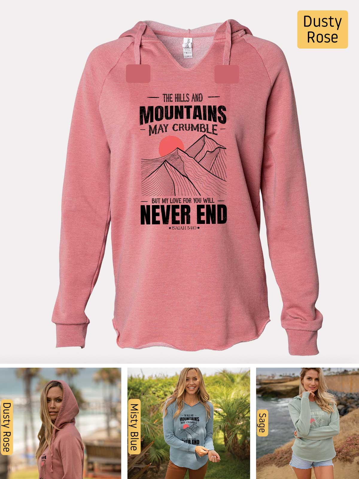 a woman wearing a pink hoodie with mountains on it